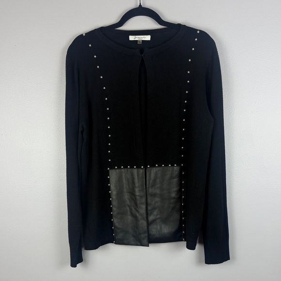 Sioni Chic Sophisticated Black Large Cardigan Fake Leather Panel & Stylish Studs - Picture 2 of 12